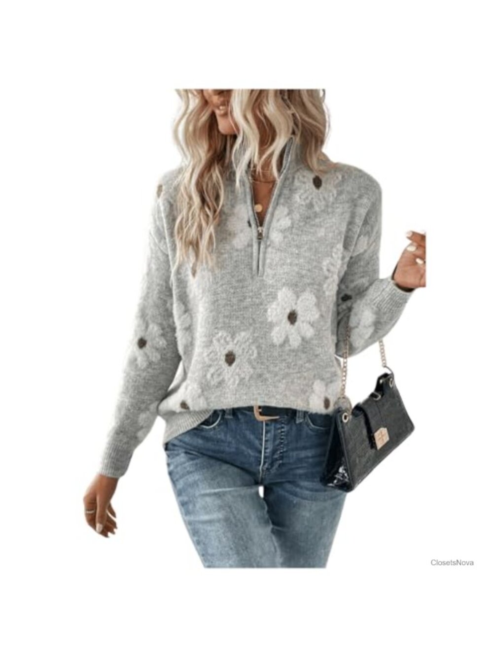 Quarter Zip Floral Pullover Sweater Long Sleeve V Neck Casual